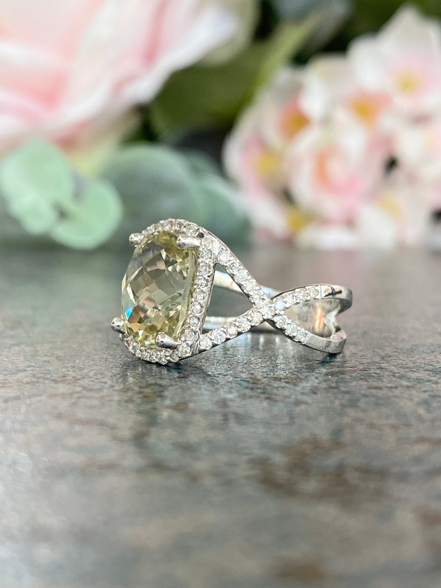 10KT .42ct Diamond and Lemon Quartz Gemstone Ring