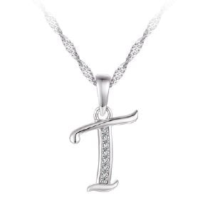 Silver Initial "T" Necklace CZ