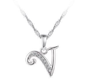 Silver Initial "V" Necklace CZ