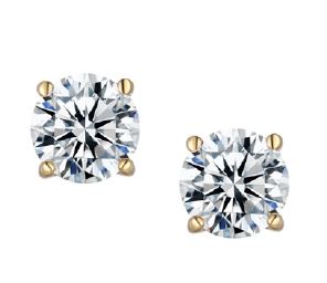 Silver Solitaire Stud Earrings - Yellow Tone