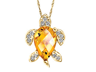 10KT Citrine Turtle Gemstone and Diamond Necklace