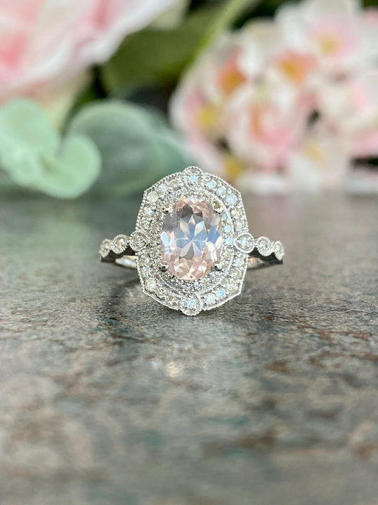 10KT .36ct Diamond and Rose Quartz Gemstone Ring