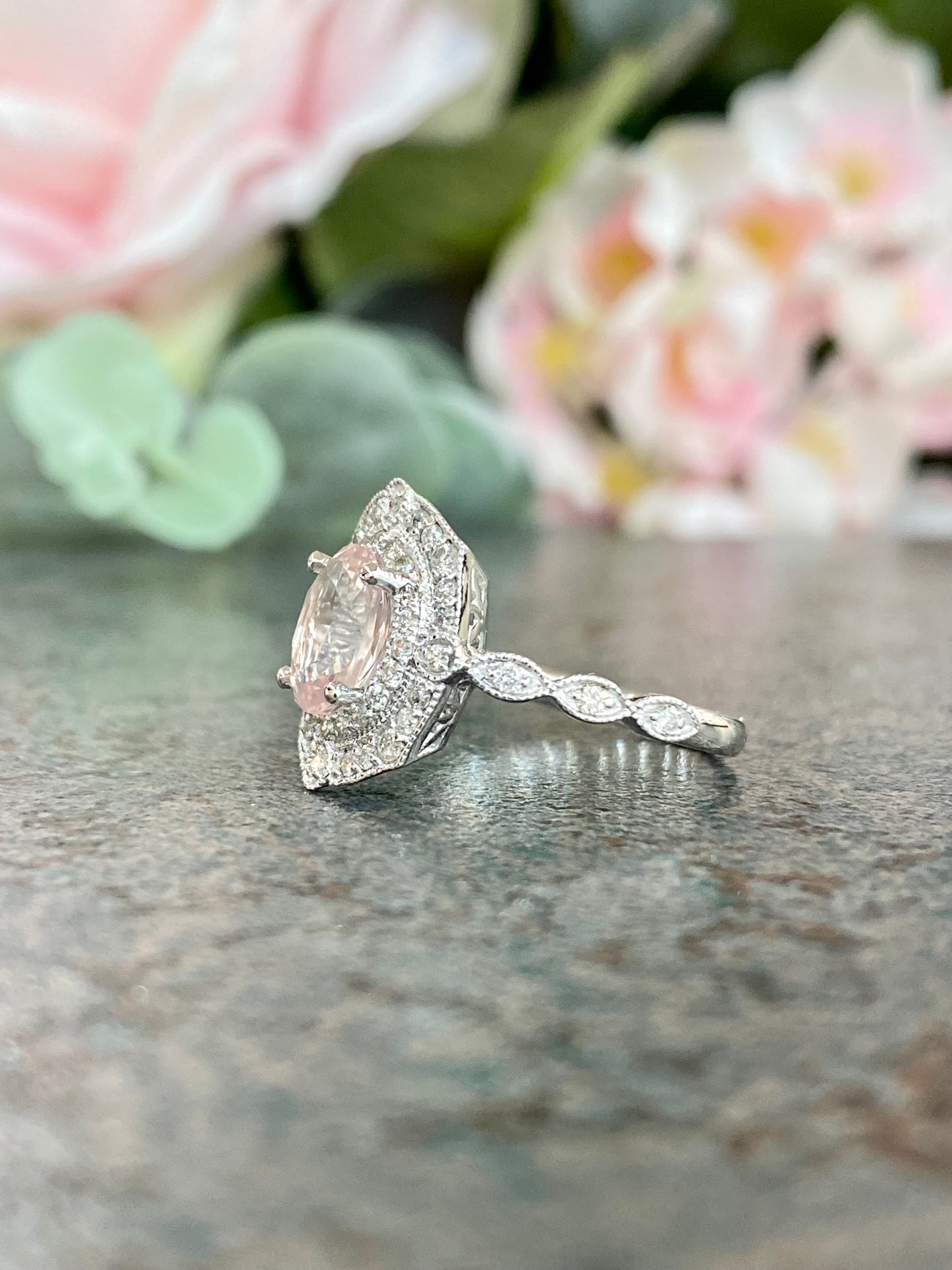 10KT .36ct Diamond and Rose Quartz Gemstone Ring