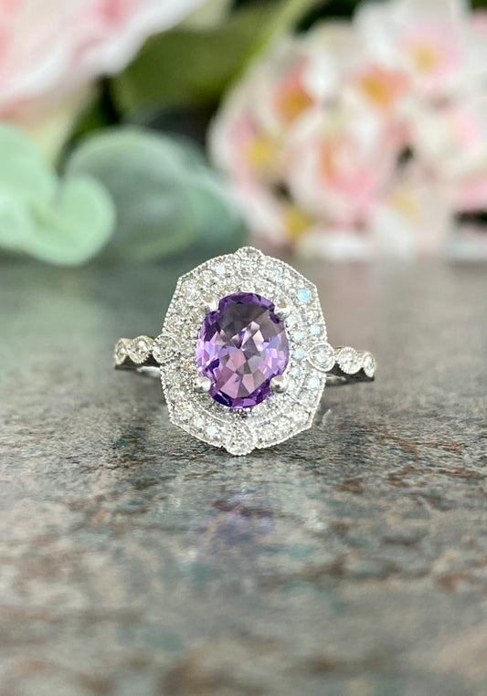 10KT .36ct Diamond and Amethyst Gemstone Ring