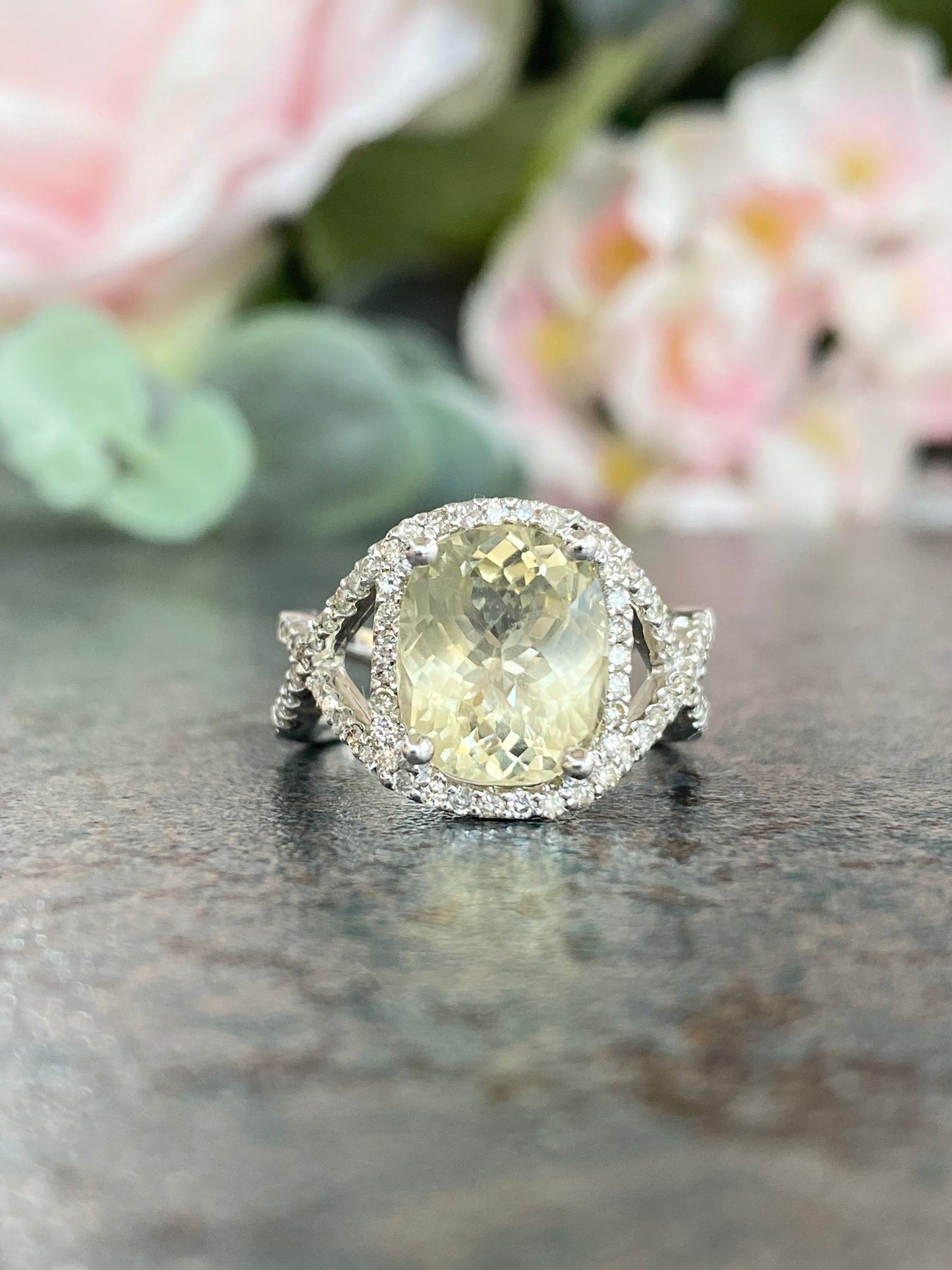 10KT .42ct Diamond and Lemon Quartz Gemstone Ring