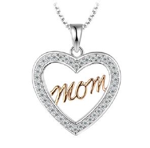 Silver Heart Two-Tone Mom CZ Necklace