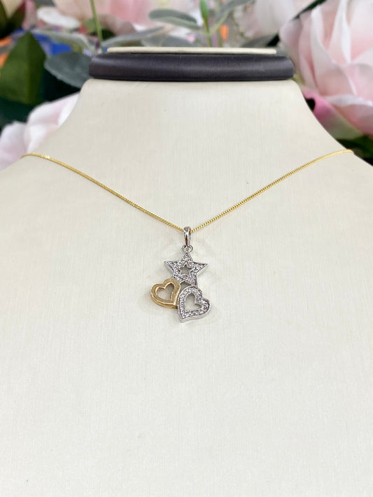 10KT Star & Hearts Two-tone .13ct Diamond Necklace