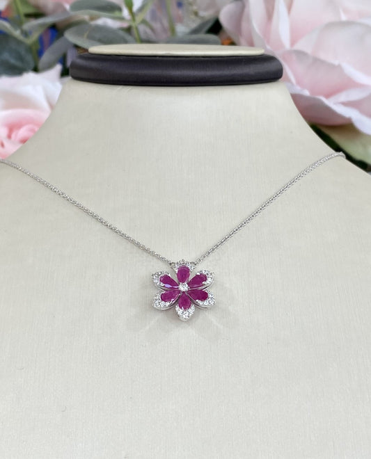 14KT Flower Ruby .20ct Diamond Necklace