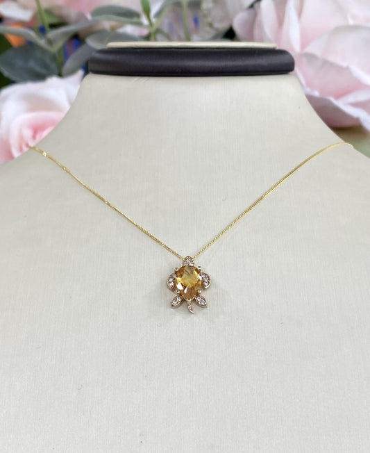 10KT Citrine Turtle Gemstone and Diamond Necklace